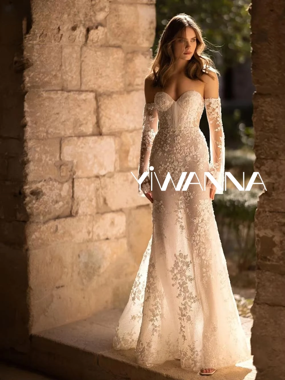 

Glitter Pearls Tulle Long Wedding Dress Detachable Sleeve Lace Appliques Bride Robe Sexy Illusion Bridal Gown Robe De Mariée