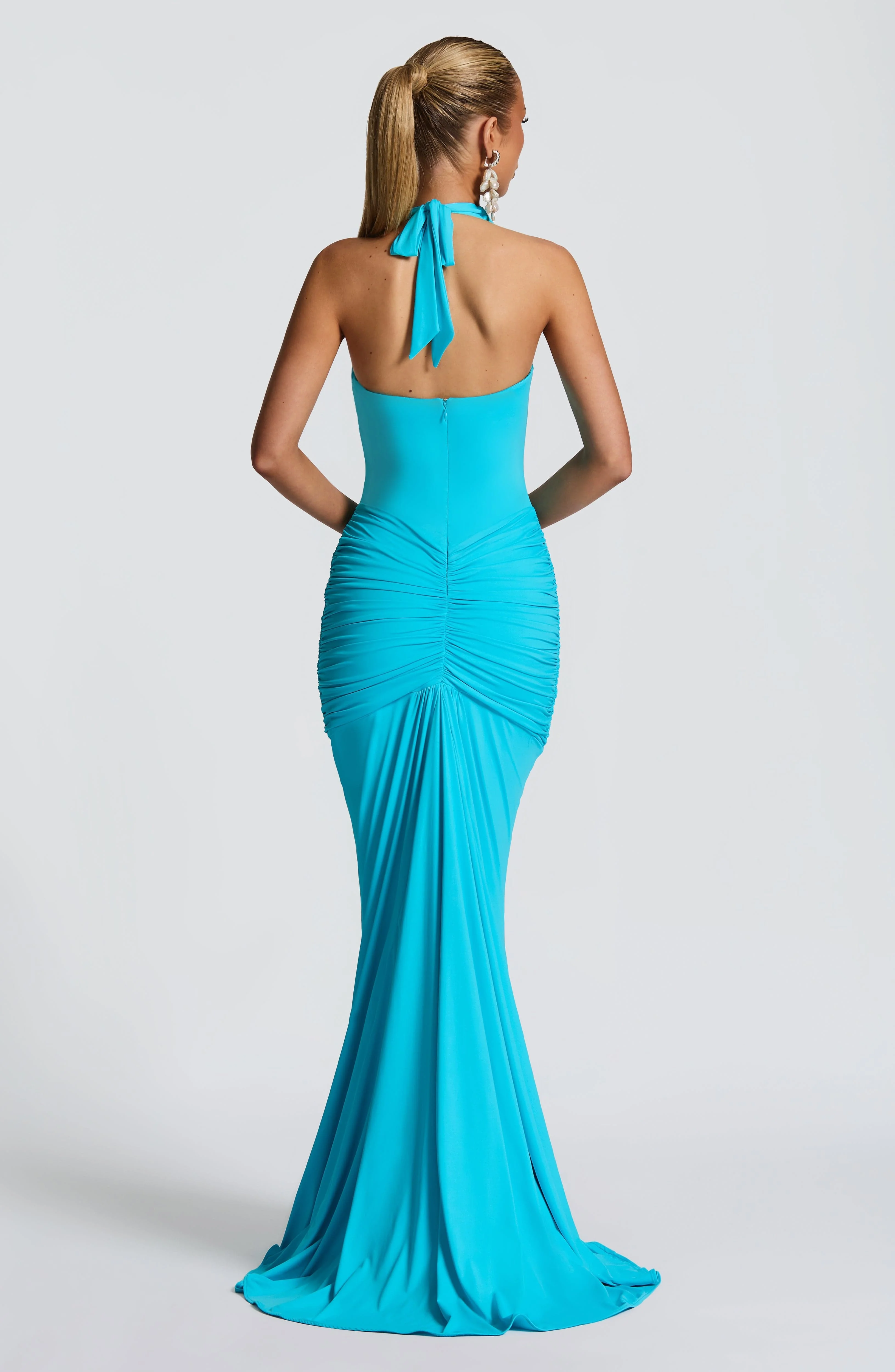 Sleeveless Halter Plunge Mermaid Maxi Dress Turquoise Ruched Bodycon Long Evening Birthday Party Gown Women Dresses