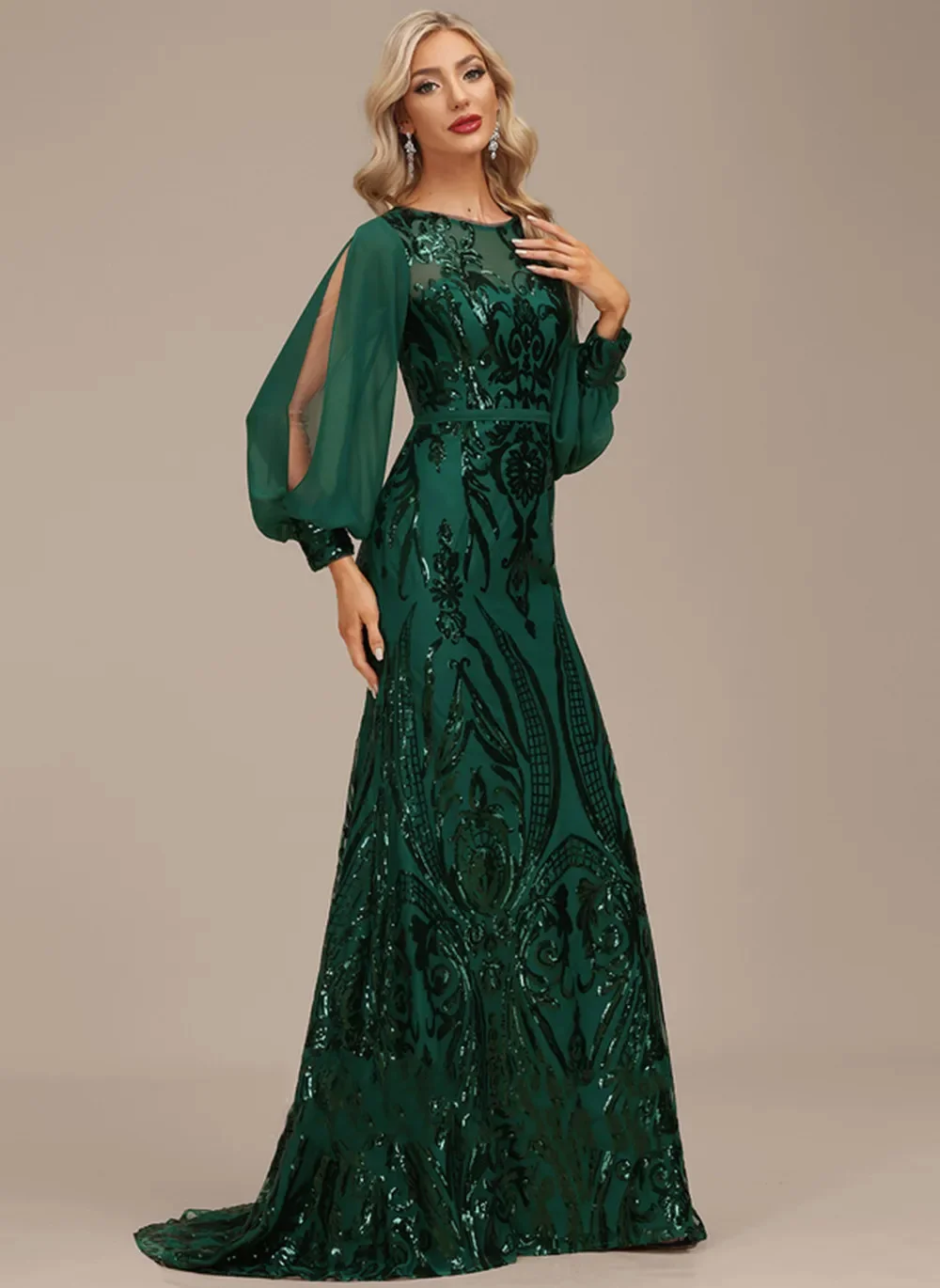 Vestidos de baile de sereia para senhoras, chiffon, manga comprida, vestidos elegantes com cinto, ocasião formal, festa verde