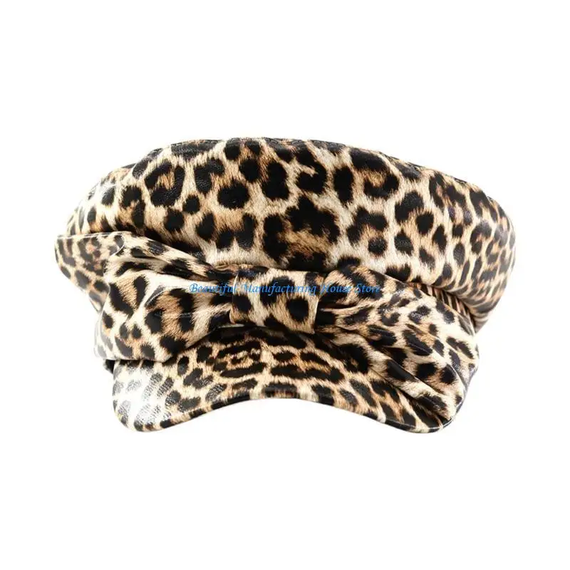 E56A Sofisticado Sombrero Cuero PU Leopardo Sombrero Pintor Cuero Informal con Leopardo para Uso Diario