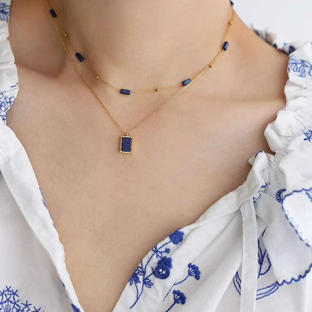 Vintage Lapis Lazuli Pendant Necklace for Women Gold Color Stainless Steel Geometric Metal Statement Sweater Chian Femme Jewelry