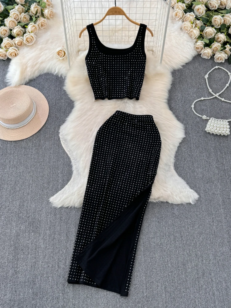 Women Sexy Club Party Two Piece Sets Summer Bling Diamond Sleeveless Vest Slim High Waisted Split Wrap Skirt Summer Suits