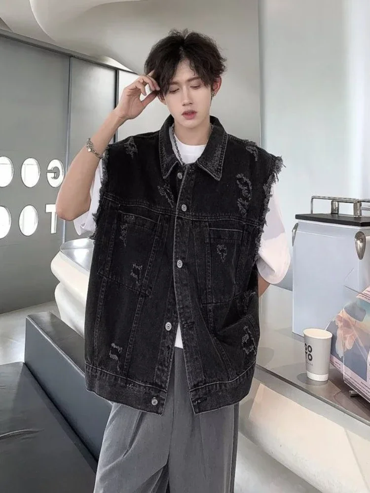

Loose Fit Americana Retro Denim Vest for Men Spring Summer Casual Holey Jacket Streetwear Brand