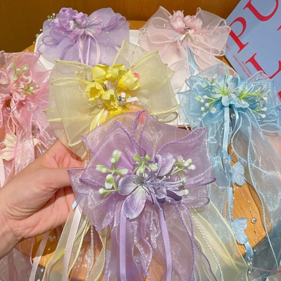 Girls Gradient Shimmer Organza Floral Bow Long Streamer Hair Barrettes Fairy Women Girls Hanfu Wedding Photo Hair Accessories