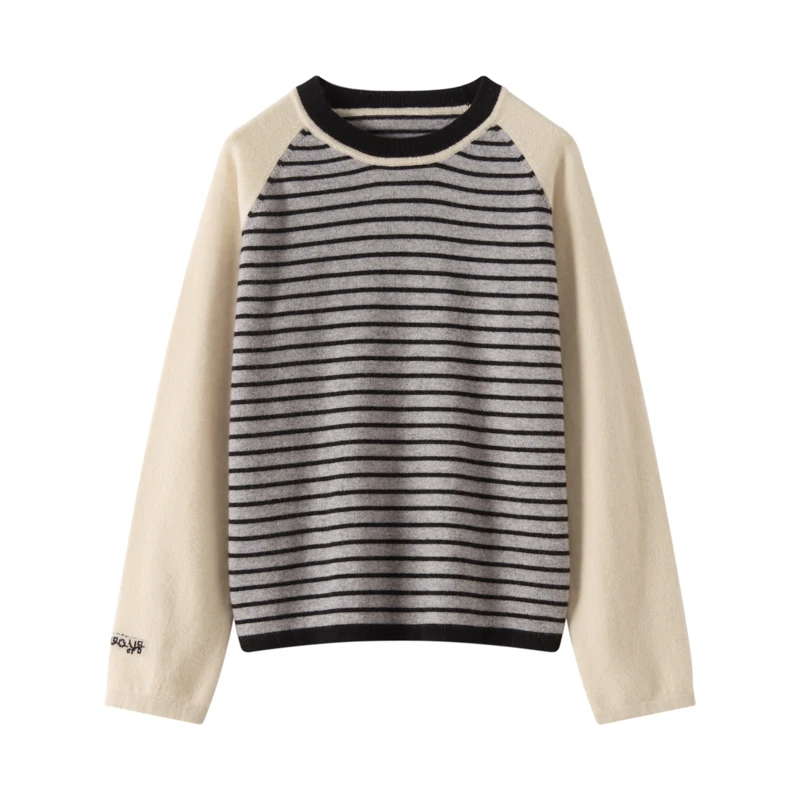 

Осень/зима женский 100% кашемировый свитер, повседневные полосатые вязаные топы на голову, теплая блузка с круглым вырезом, свободный толстый джемпер с вышивкой