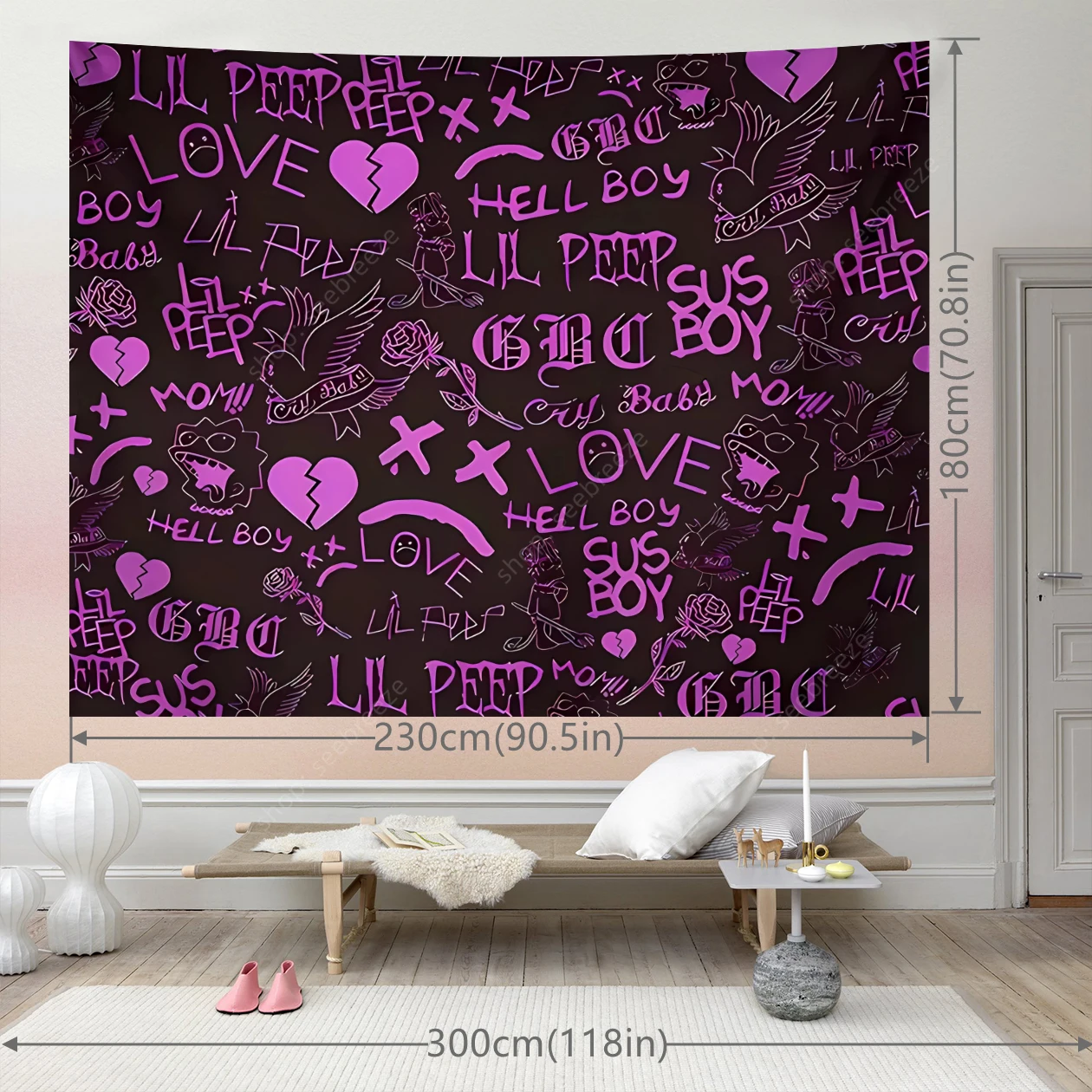 Lil Peep Graffiti Tapestry Purple Black Gothic Wall Art Edgy Urban Teen Bedroom Dorm Decor Alt Fashion Dark Aesthetic Canvas