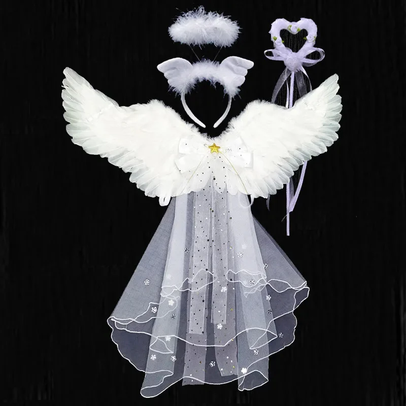 Feather Angel Wings Party Costume Fancy Dress Fairy Wing Halo Ring Flower Headband Magic Wand     Decoration Wedding Festival