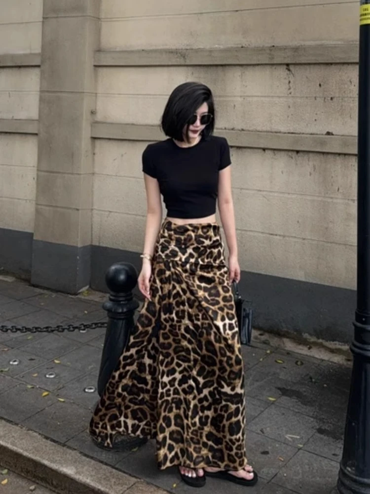 High Waist A-Line Long Skirt Women's Summer Fashion Hang Sense Slimming Half Skirt Leopard Print Pleated Split Korean Style