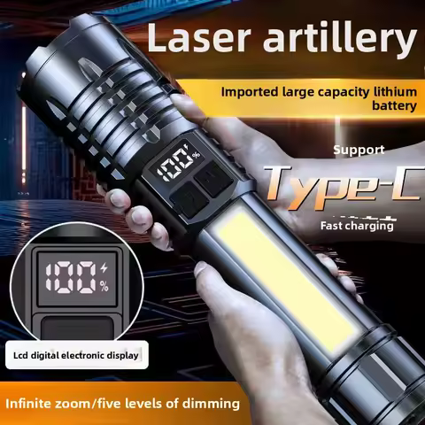 High Power LED Flashlight Portable Zoom Torch Type-C Rechargeable Waterproof Light with COB Side Lamp for Outdoor Camping Hiking