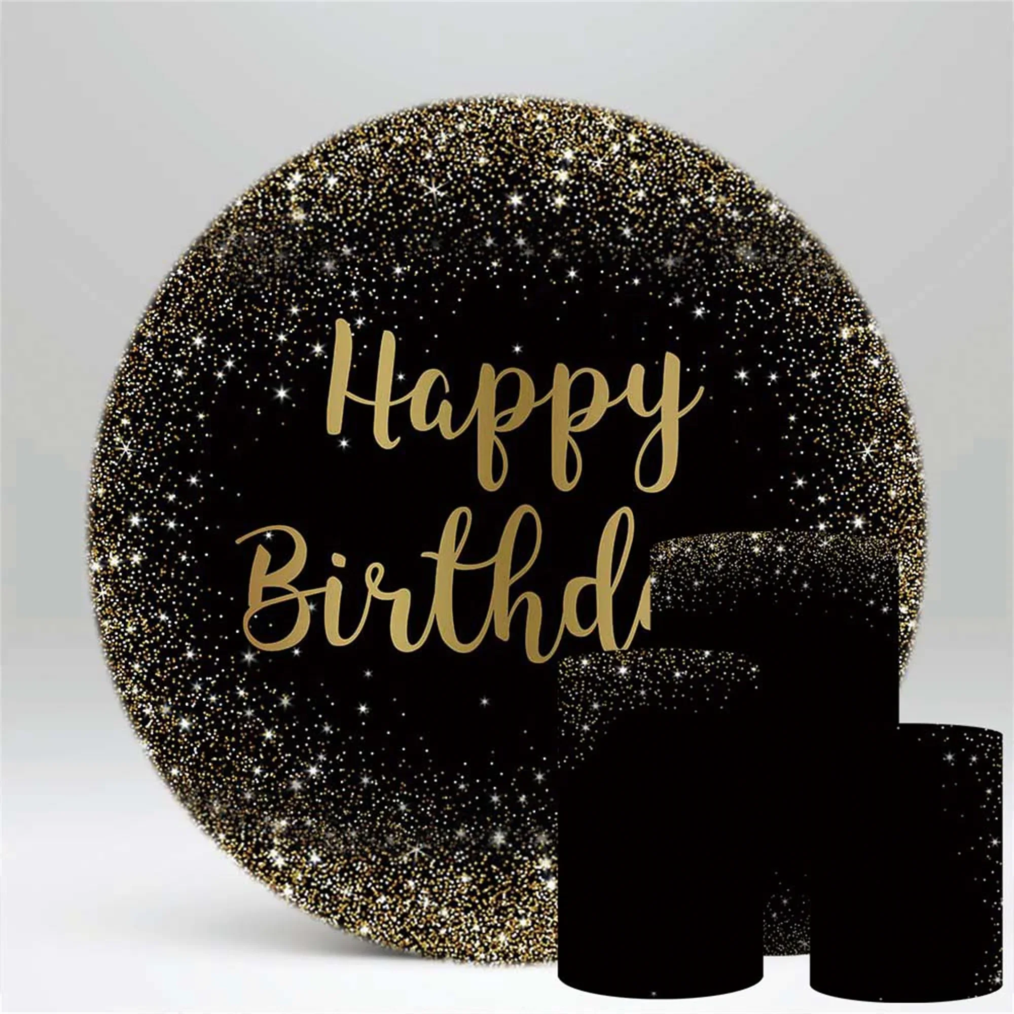 แผ่นหลังทรงกลมสีดำและสีทองสำหรับงานเลี้ยงวันเกิดแบนเนอร์สีเงิน