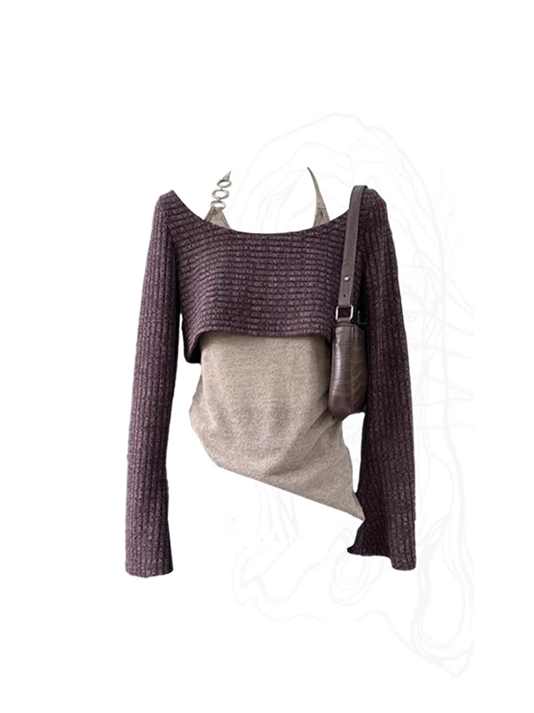 Women Chic Off Shoulder Knitwear Sweater Slash Neck Long Sleeve Gyaru  Coquette Clubwear Fake Two Pieces Pullovers Autumn Winter