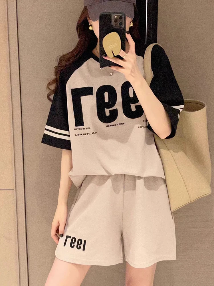 2024 Summer outfit T-Shirt Suit Womens Fashion Casual Loose O-Neck Short-Sleeved Tops+Wide Leg Shorts Two Piece Set For Women