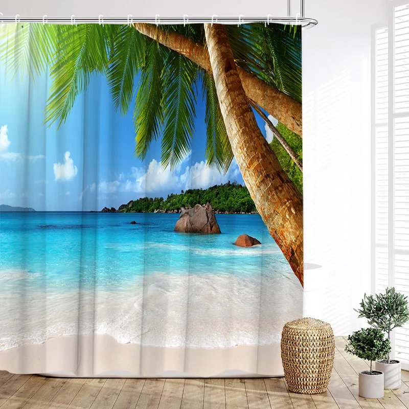 ZFMRZF Shower Curtain Ocean Beach Coconut Tree Modern Polyester Fabric Bath Curtains Home Bathroom Decor with Hooks