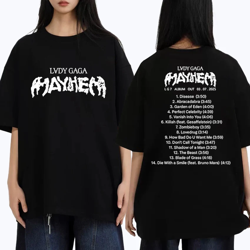

Lady Gaga The Mayhem Ball Tour 2025 Double Sided print T shirt Men Women harajuku Fashion short sleeve T-shirt Unisex Cotton Top