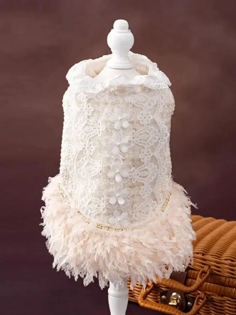 

High-Class Noblewoman Lace Pearl Flower Feather Element Pet Dress Small Dog Winter Autumn Coat