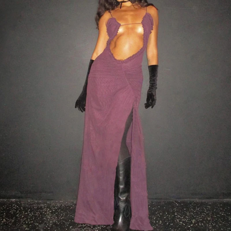 

2025 new European and American style solid color suspender hollow out sexy slim fit pleated lace slit long dress