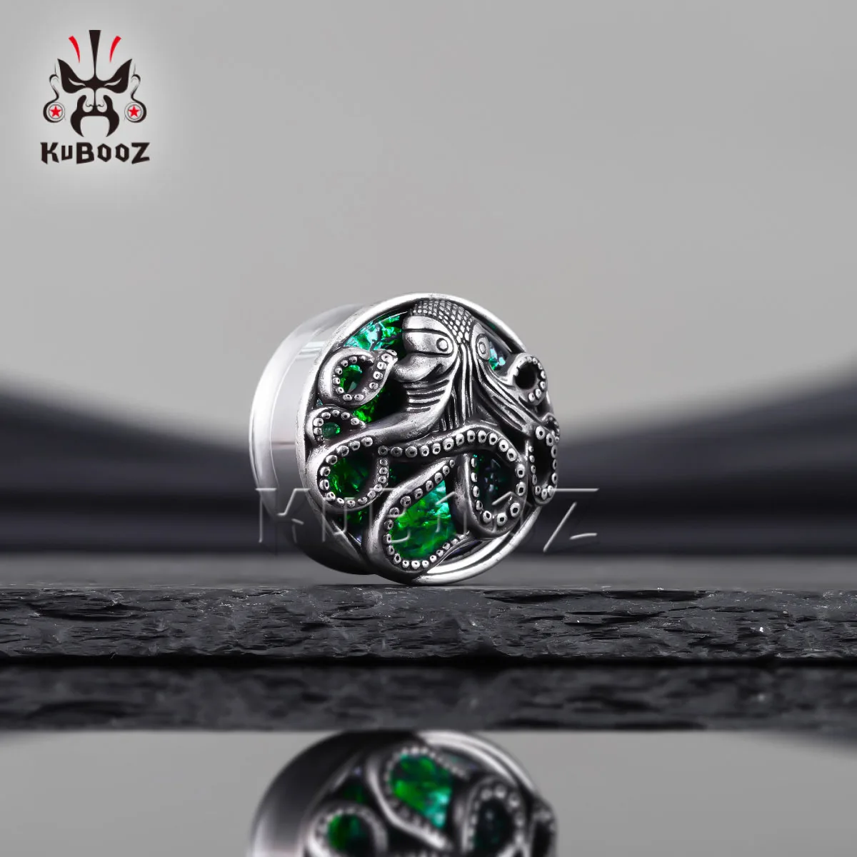 KUBOOZ Green Opal Inlay Octopus Ear Plug Tunnel Gauge 316L Stainless Steel Screw Back Ear Stretcher Punk Body Piercing Jewelry