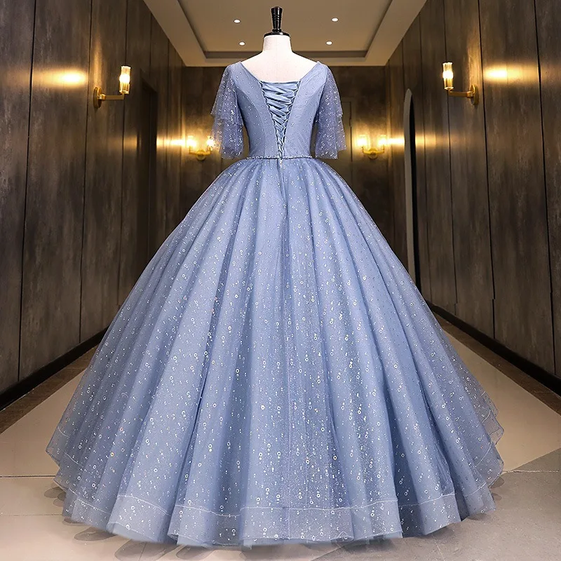 Women's Sexy Glitter V-neck Evening Dress Fashionable Slimming Banquet Pong Skirt Performance Beautiful Sound Big Swing Dress