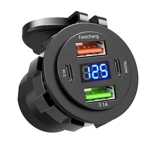 Imagen 2 del producto Cargador USB QC Dual PD de 83W con interruptor de voltímetro, adaptador de toma de corriente impermeable, 12V, 24V, coche, camión, motocicleta