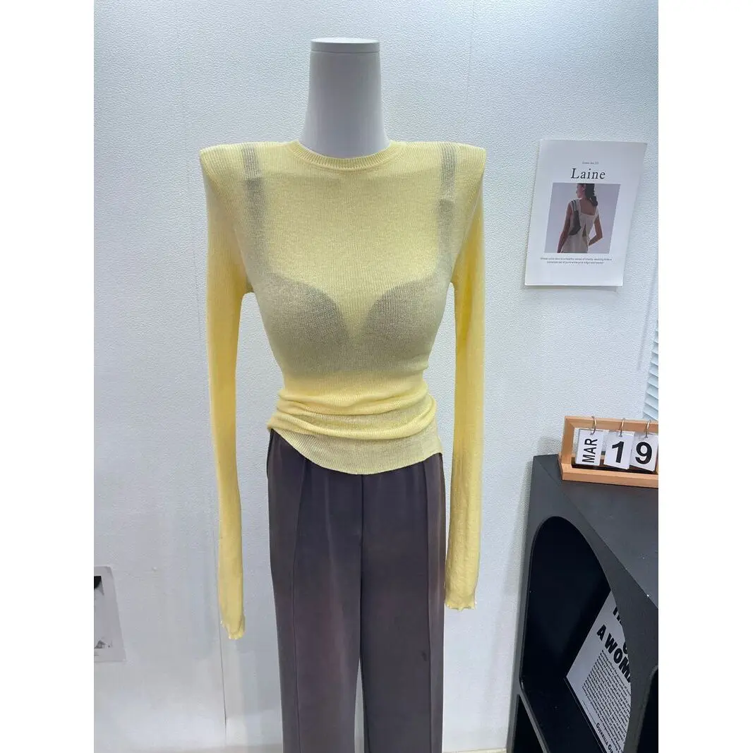 

Sexy Translucent Thin Knitted Long Sve T-irt Women's Slim Fit Versatile Outerwear Base Layer Top Girl's Heart Milk Yellow