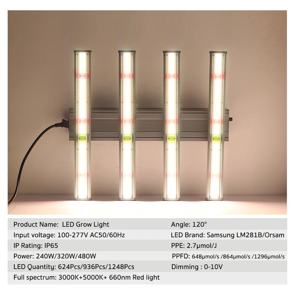 الطيف الكامل LED تنمو ضوء ، IP65 مقاوم للماء ، عكس الضوء ، سطوع عالية ، LM281B ، 3000K ، 5000K ، 240W ، 320W ، 480W