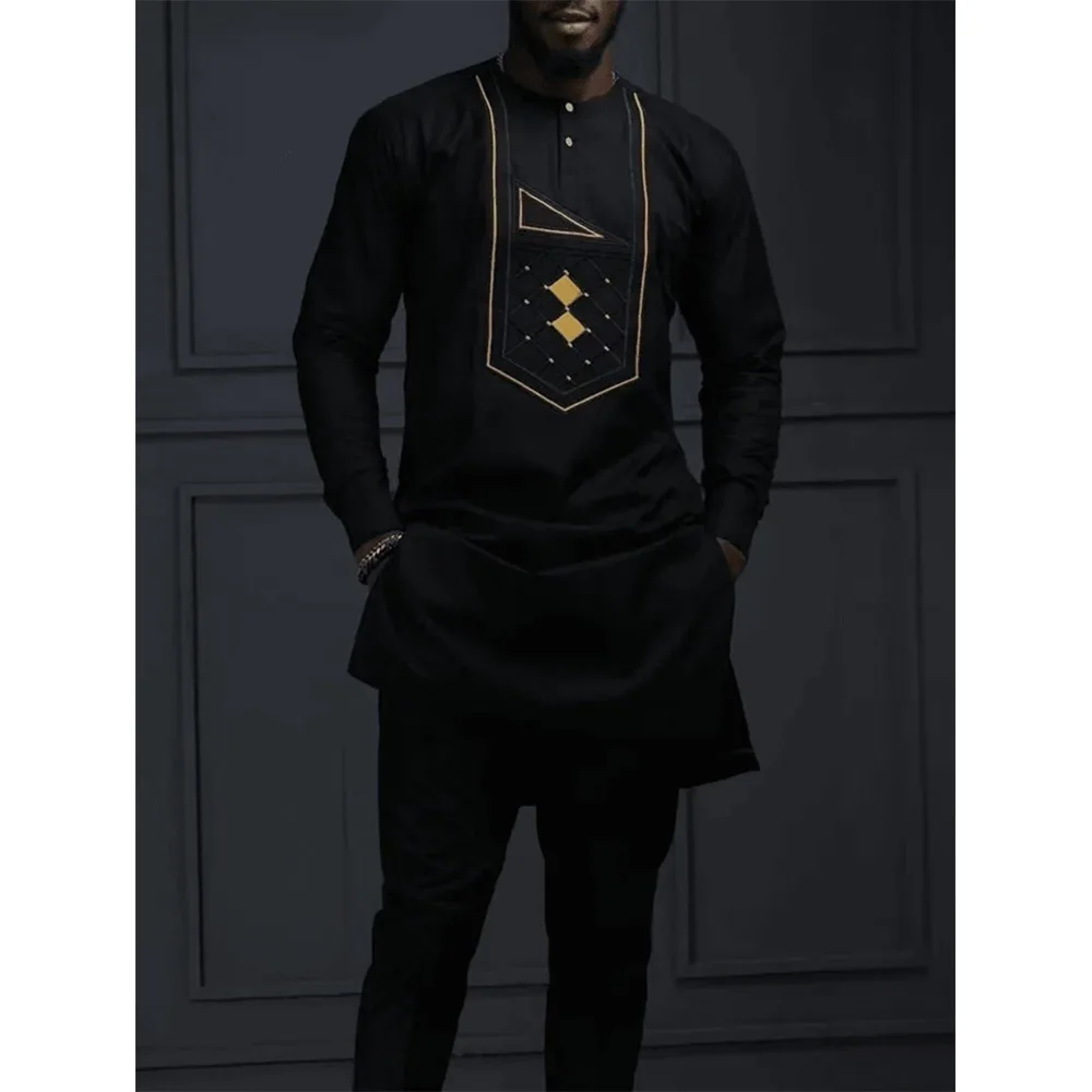 2024 New African Traditional Men\'s Set Round Neck Long Sleeve Black Luxury Two Piece Dashiki Wedding Party Festival Men\'s Suit