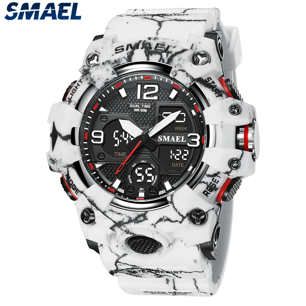 SMAEL Watch Sport Military Watches Waterproof 50M Stopwatch LED Light Week Display Wristwatches 8008 Quartz Watches Men Digital