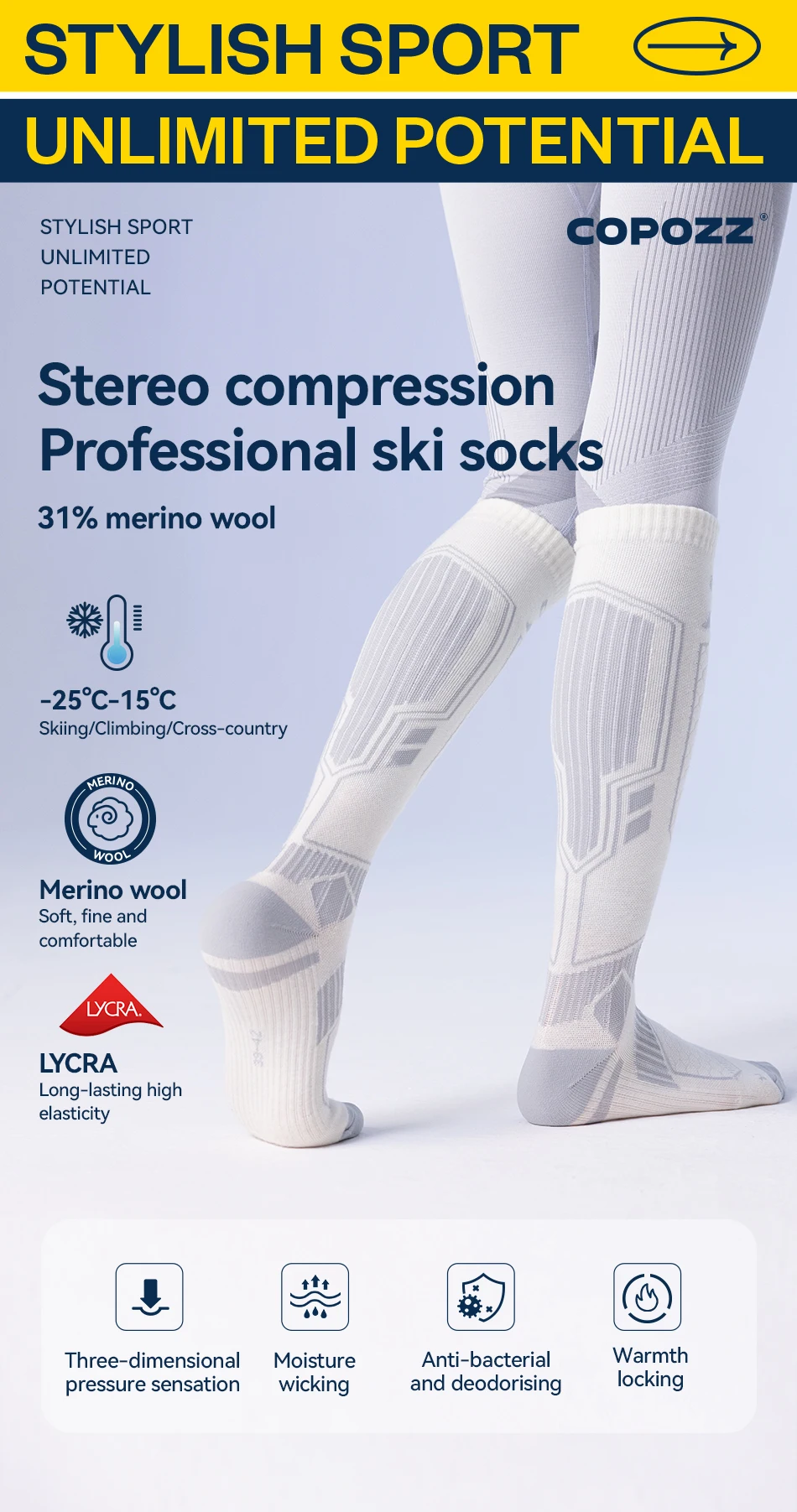COPOZZ Neue Winter Ski Socken Männer Frauen Thermische Merino Wolle Lange Ski Socken Snowboard Radfahren Skifahren Fußball Socken Verdickte Socke – Detail 3