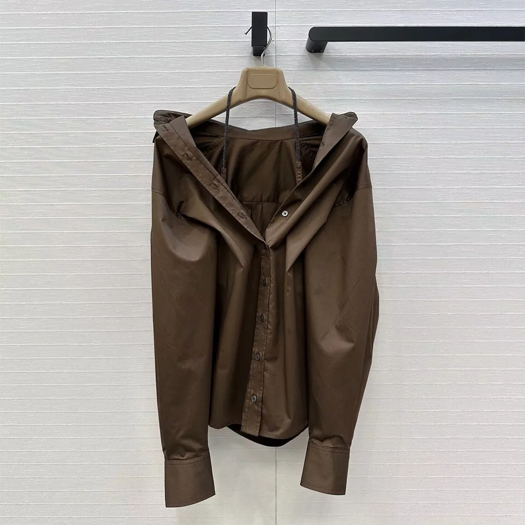 

French Elegant Lady Halter Design Cotton Shirt Women Lapel Long Sleeve Old Money Style Vintage Brown Loose Blouse Autumn Tops