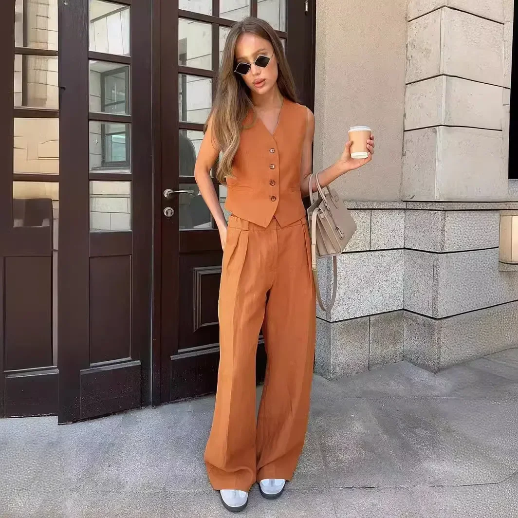 Womem Linen Cotton Chic Vest ＆ Pants Suit Two-Piece Set Office Ladies Summer Chic 2 Piece Sets Womens Outfits