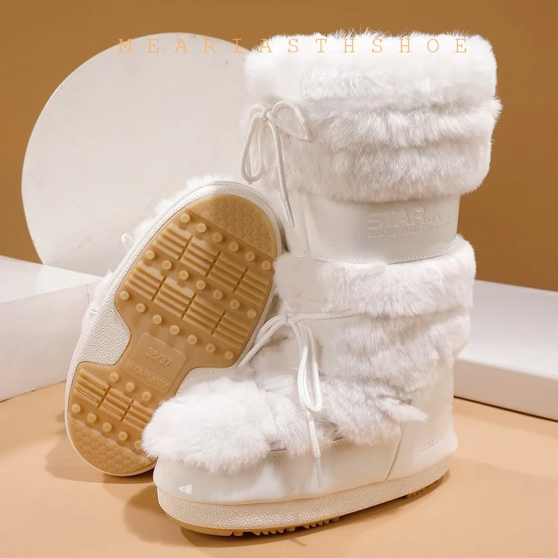 Ski boots new 2026 winter long warm thick bottom white faux fur boots waterproof and anti slip high tube snow boots for women view 4