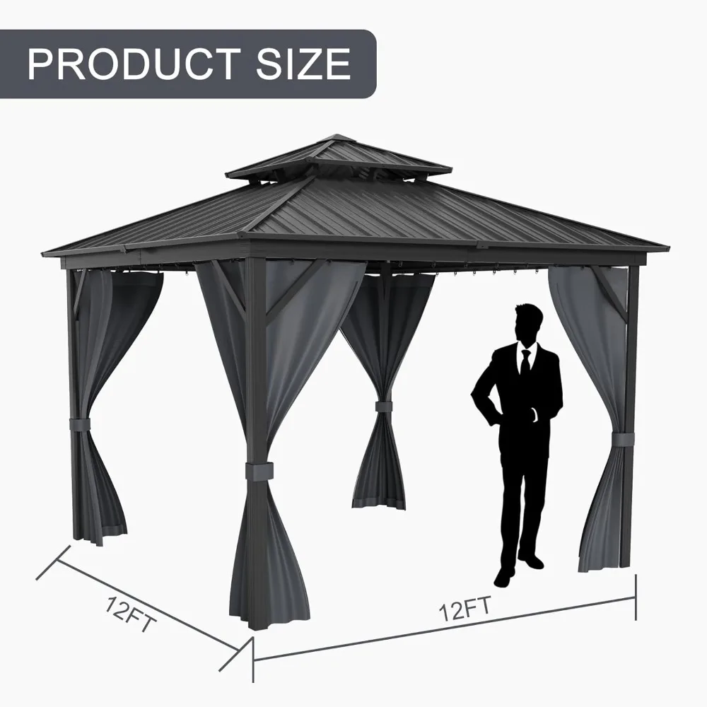 12x12FT Hardtop Gazebo, Galvanized Steel Metal Double Roof Aluminum with Curtain and Netting, Brown Permanent Pavilion Gazebo