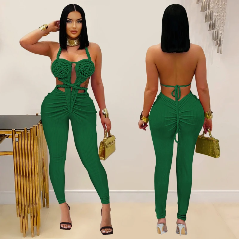 Trenty Sexy Women Halter Neck Knit Ribbed Ruched Stacked Jumpsuits Summer Vacation Beach Romper Playsuit One Piece Set Outfits