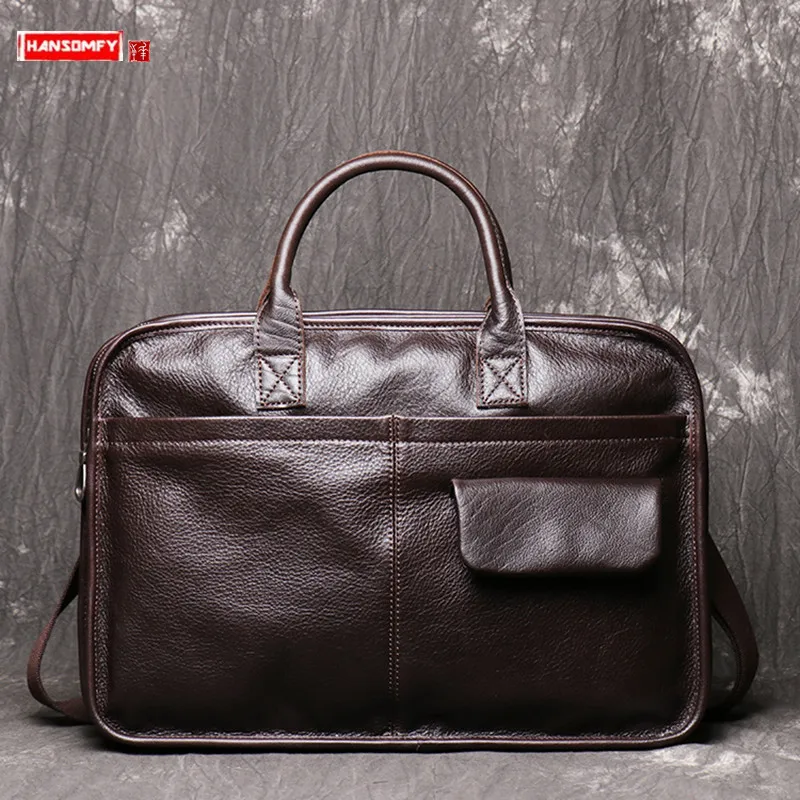 Bolso de mano de piel auténtica para hombre, maletín portátil de piel de vaca de 15,6 pulgadas, bandolera de hombro con doble cremallera, gran capacidad, novedad