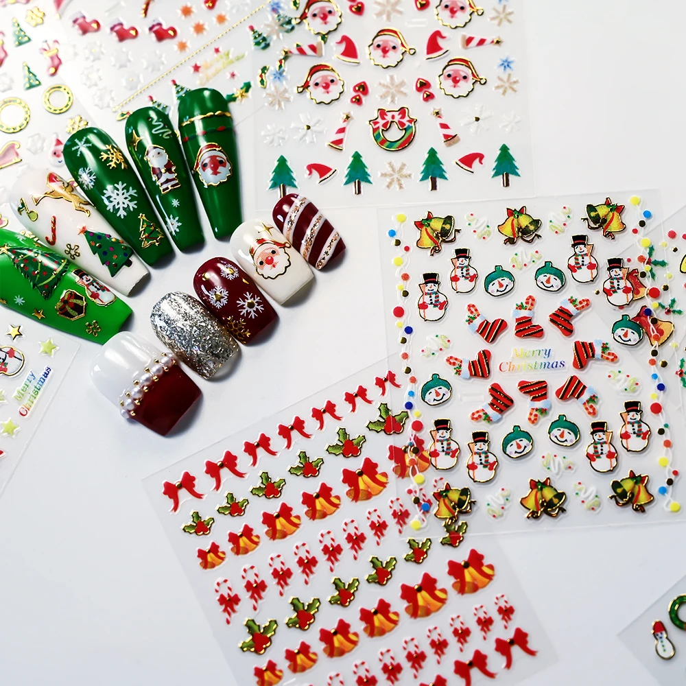 24/30 pçs 3d elegante borda de ouro natal adesivos de unhas bonito boneco de neve árvore de natal papai noel decalques de unhas auto-adesivo slider *