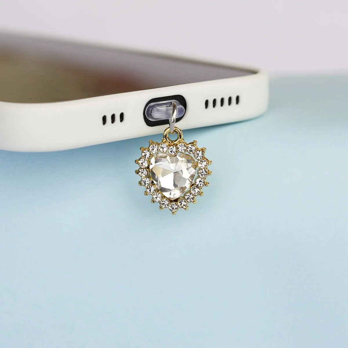 Accessorio pendente con tappo antipolvere per telefono cellulare Decorazione Bordo con strass Pietra preziosa d'amore a forma di cuore multicolore per Iphone Type-c