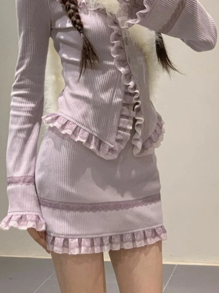 Korobov Sweet Knitted Cardigan Top Long Fishtail Skirt Two Piece Set for Women Korean Fashion Conjuntos Para Mujeres 2 Piezas