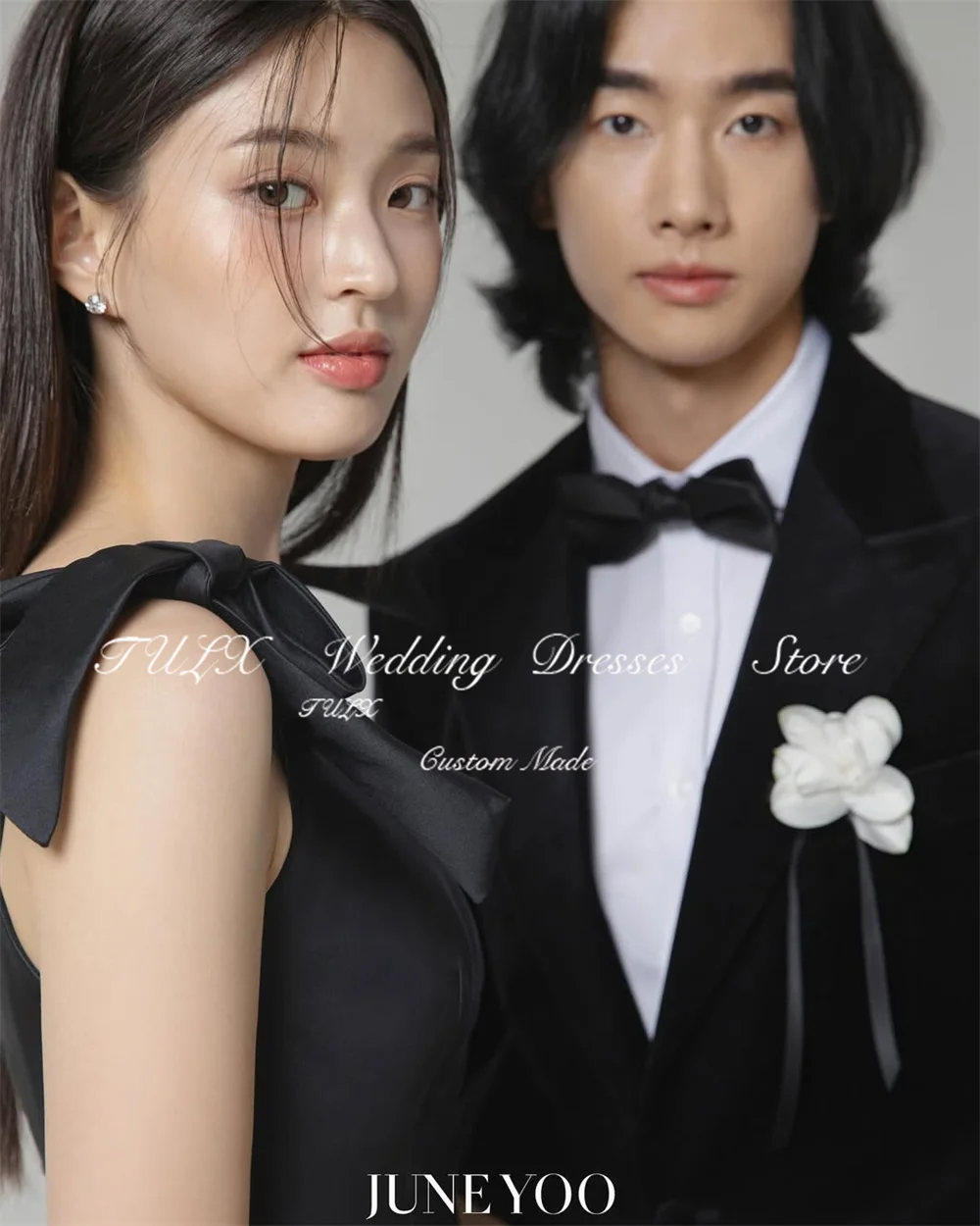 TULX Abendkleid mit Schleife und Trägern, schwarzes Satin-Korsett, Korea, Hochzeit, Fotoshooting-Kleid, V-Ausschnitt, bodenlanges Partykleid, individuell gestaltet