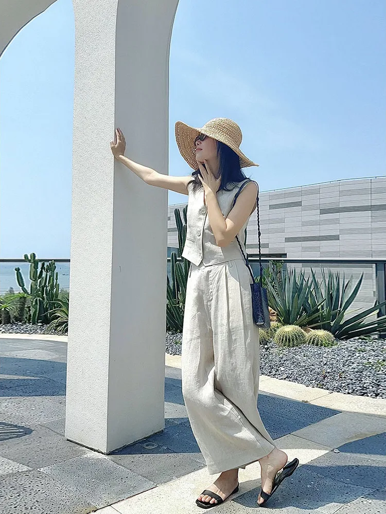 

LSD2025 Spring Summer New Linen Svel Vest And Wide Leg Pants Two Piece Set Women Loose Casual Versatile Faion Set