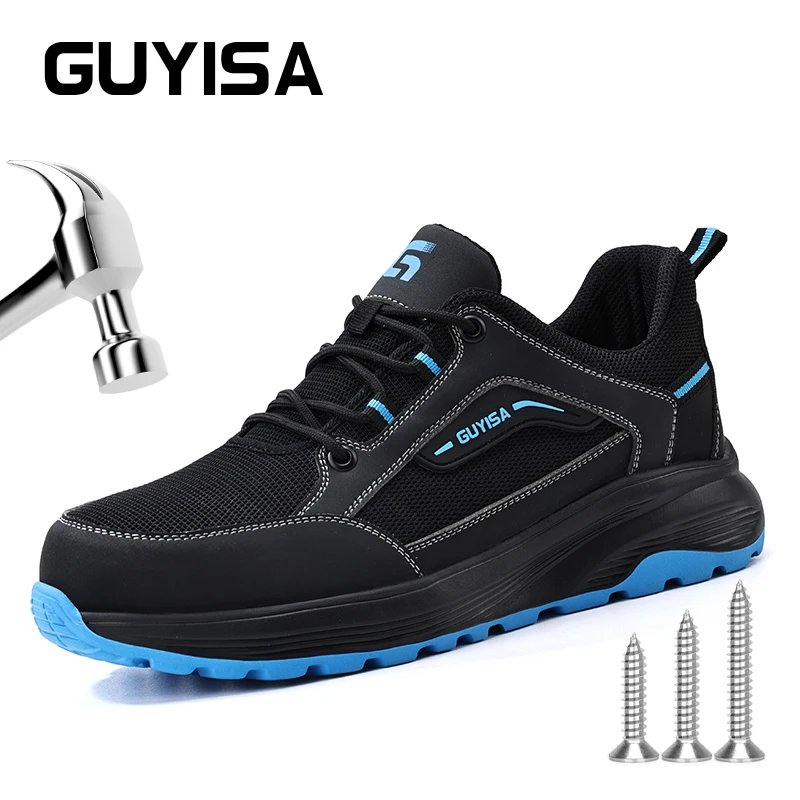 GUYISA Safety shoes for man Ultra lightweight Size 39-44 Blue Anti smashing Steel toe Anti smashing and anti piercing