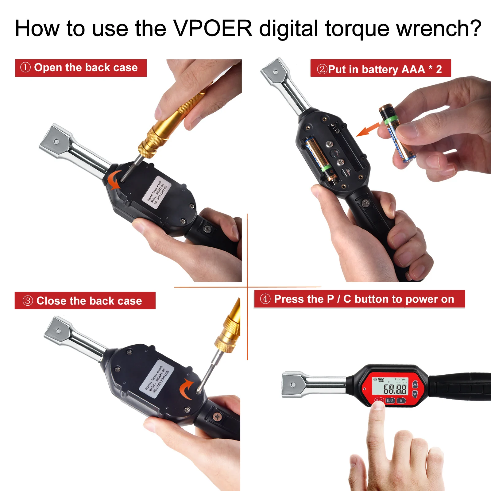 VTWN-100 3-100Nm Interchangeable Head Digital Torque Wrench Ended Head Torque Wrench with Buzzer & LED, Calibrated