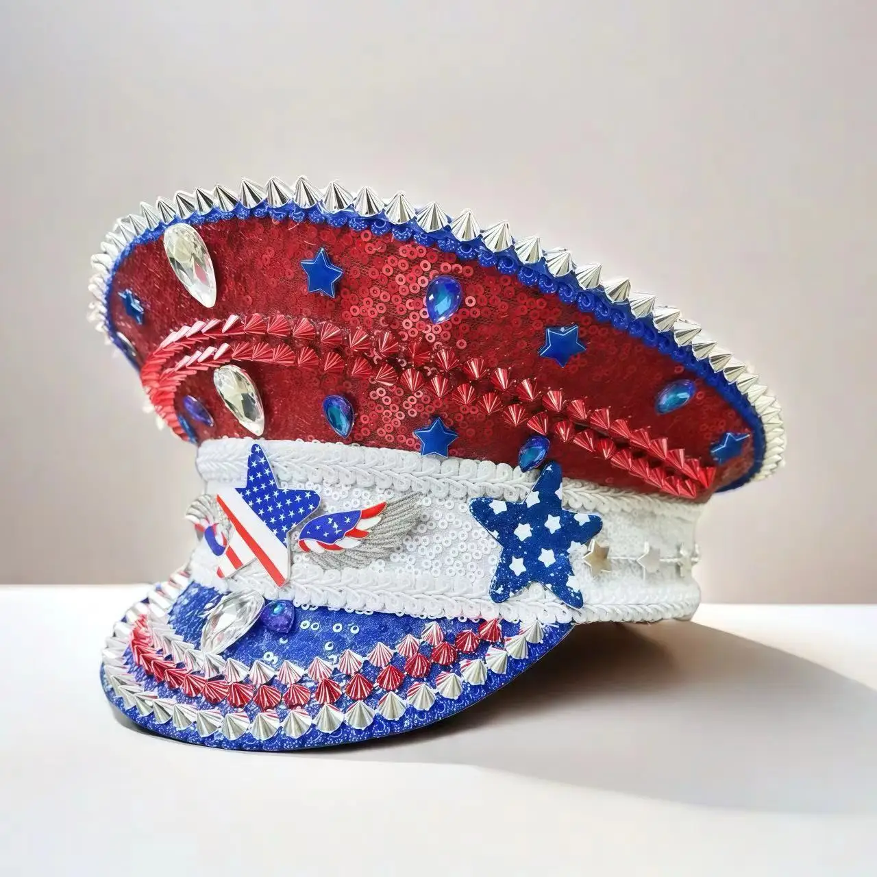 

HongLuan Blue Bling Captain Hat Rhinestone for Woman - Steampunk Military Cap Men Burning Man Music Festival & Independence Day