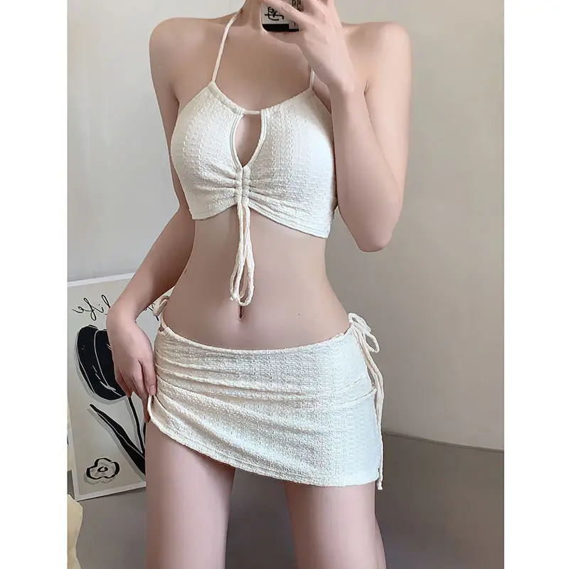 KPOP Fashion Style Harajuku Kawaii Aesthetic Sexy Bikinis Sleeveless Hollow Out Loose High Waist Women\'s Three Piece Swimsuit