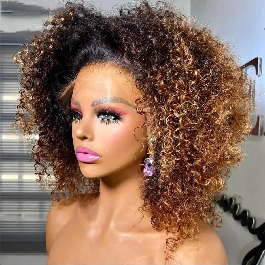 Soft Long 22lnch Glueless 180Density Ombre Brown Kinky Curly Lace Front Wig For Women With Baby Hair Preplucked Daily