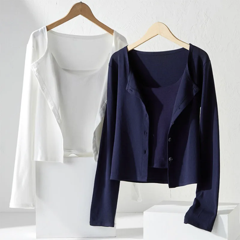 Korean Long Sleeve Thin Cardigan Ladies Versatile Casual O-Neck Sunscreen Cardigans Woman Solid Color Single-Breasted Crop Tops