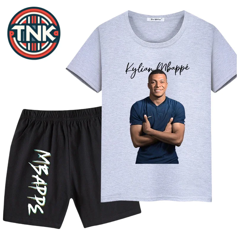 Mbappe Conjunto de camiseta deportiva con estampado de avatar para niños, pantalones cortos informales de manga corta, conjunto de 2 piezas, Verano