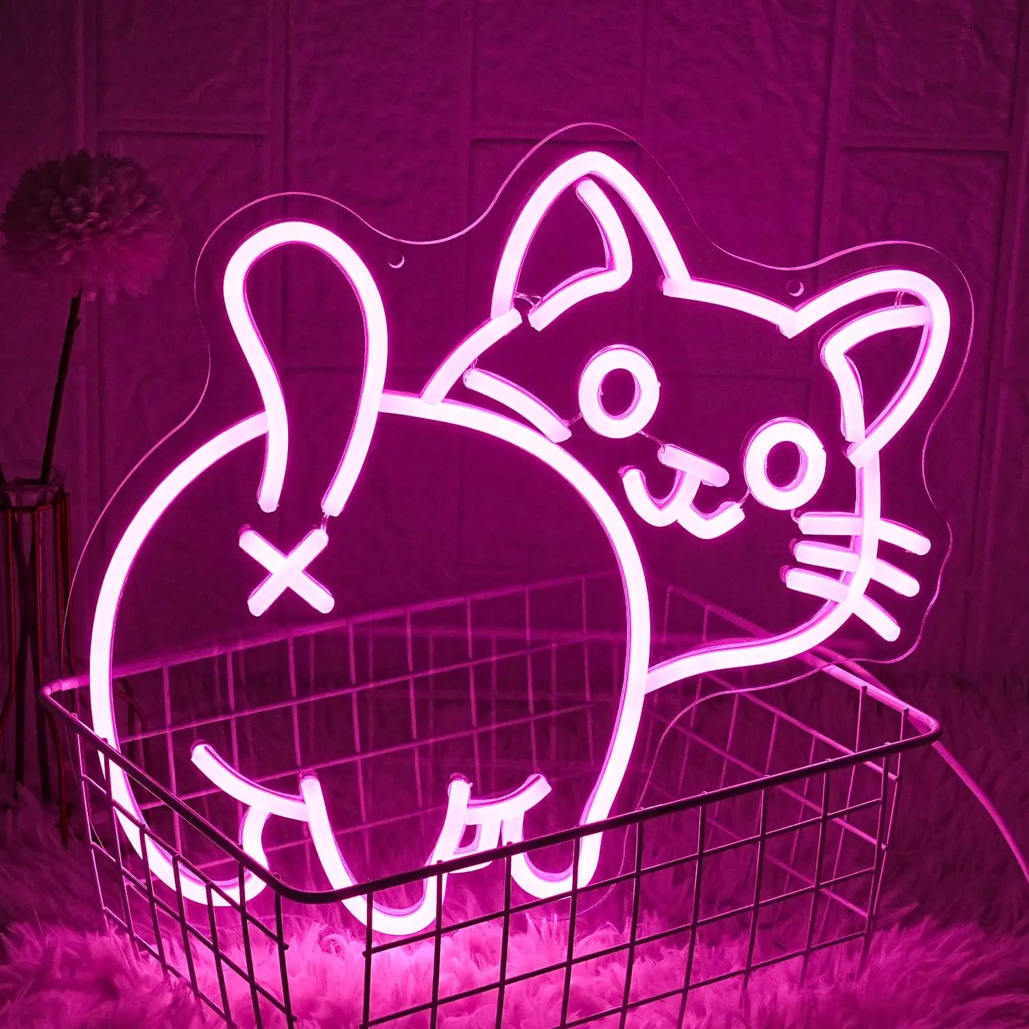 USB Dimmable Cute Cat Neon Light with XO Symbol Pink Glow for Bedroom Home Bar Decor Playful Animal Wall Art Romantic Gift