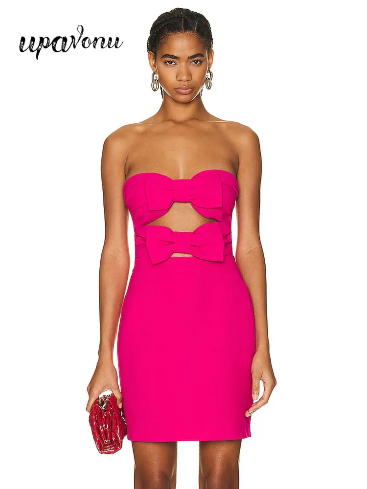 

Sexy Women's Bandage Dresses Strapless Sleeveless Bodycon Hollow Bow Design Open Back Mini Dress Cocktail Evening Party Vestidos