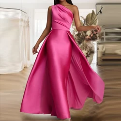 Simple Elegant Party Dress for Woman Hot Pink Satin Pleat Column One-shoulder Formal Dresses Long Bespoke Occasion Gowns 2024