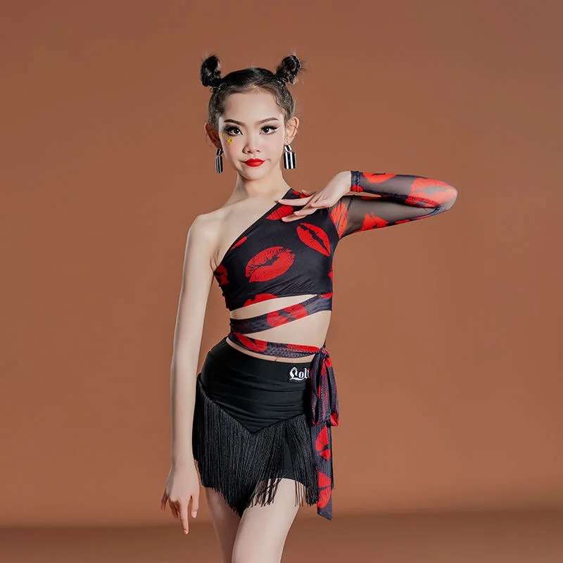 Fringe dress clothes for dancing Stage suit Red lips black latin dance clothes competition Latin dance costume Dancewear